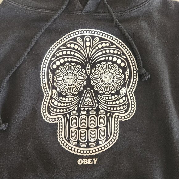 OBEY Sz M Black Skull Logo Hoodie Sweatshirt Pullover Grunge Goth Edgy Witchcore - Picture 5 of 10